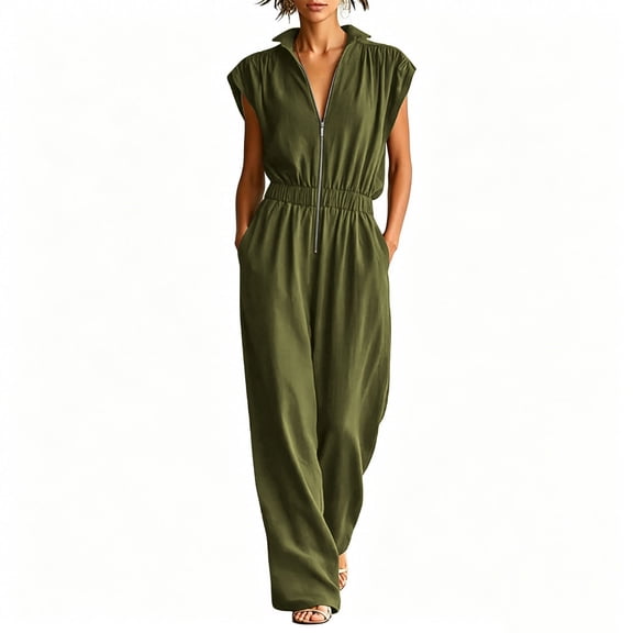 Iyufng Casual Summer Sleeveless Jumpsuits for Women with Pockets, Zip Up Fitted Waist