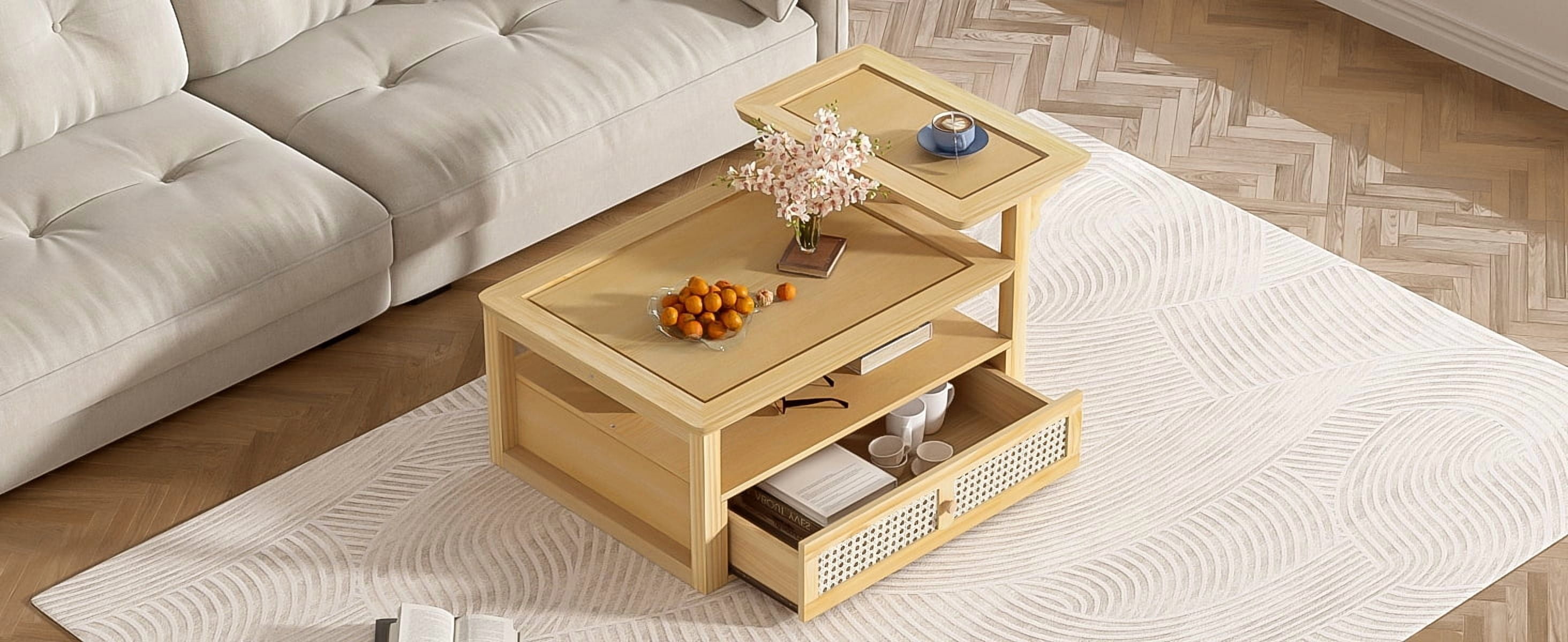 Euroco Multifunctional Coffee Table Set with Nested Design, Rattan Drawer, Pine Wood Legs – Stylish Storage and Dual Tabletops for Living Room
