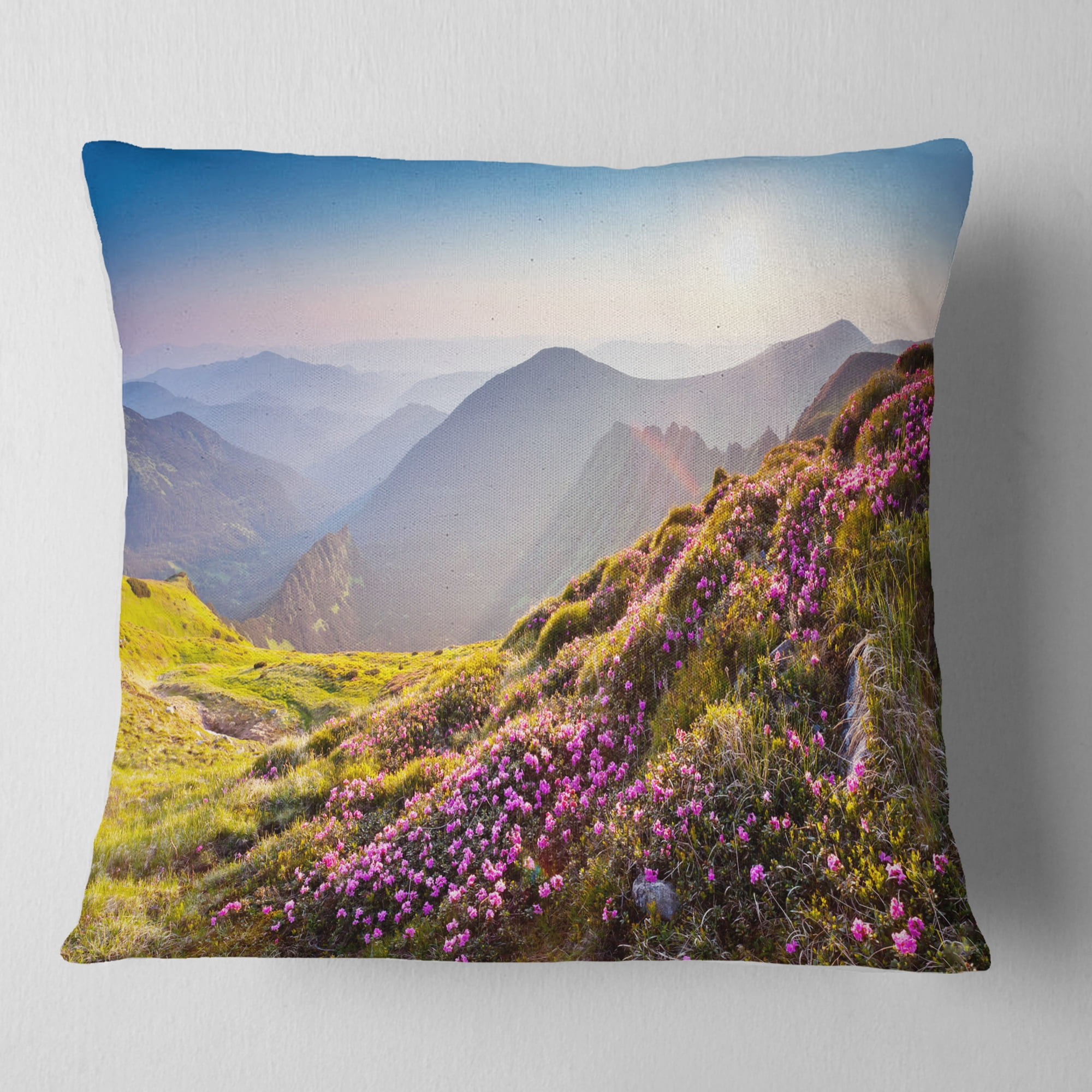 Designart Magic Pink Flowers on Mountains - Landscape Photography Throw Pillow - 18x18