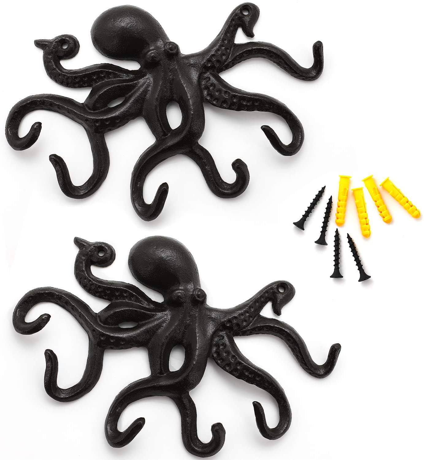 2 Heavy Cast Iron Octopus Towel Hanger Coat Hooks Hat Hook Key Rack Nautical 