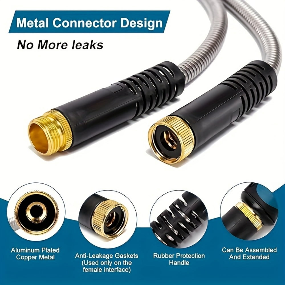 304 Stainless Steel Garden Hose 50ft, Heavy Duty Metal Water Hose - Flexible, No Kink & Tangle Free, Puncture Proof with 10 Function Nozzle for RV, Yard, Outdoor, Lawn Care