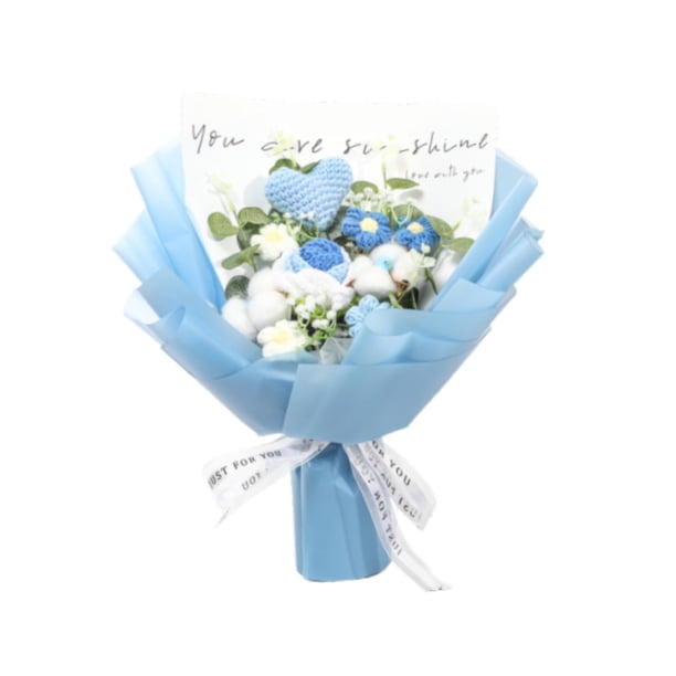 Ramo de flores de crochet, flor artificial de flores artificiales hechas a mano decoración del hogar tejido de amor para el aniversario Día de la Flores azules