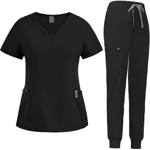 Scrub Suit Set for Women Modern V-neck Top & Tapered Leg Jogger Pants with Drawstring Medical Nursing Uniforms Set
