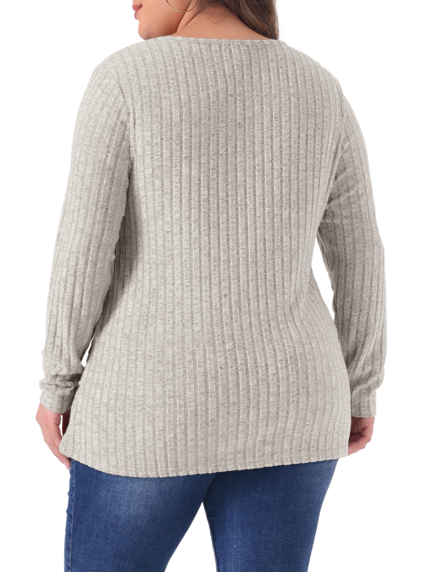 DARING DIVA Women's Plus V Neck Long Sleeve Basic Ribbed Blouse 3X Beige Brown