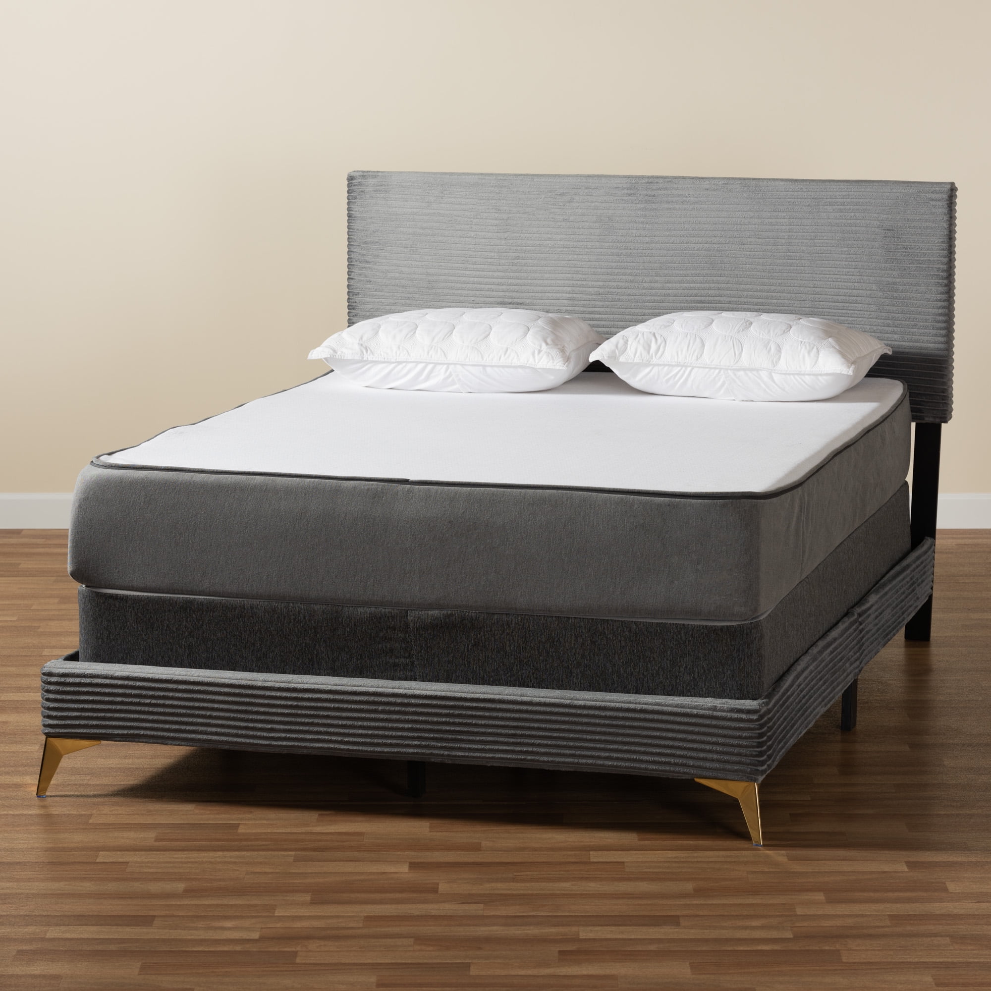 Baxton Studio Abberton Modern and Contemporary Grey Velvet and Gold Metal Queen Size Panel Bed