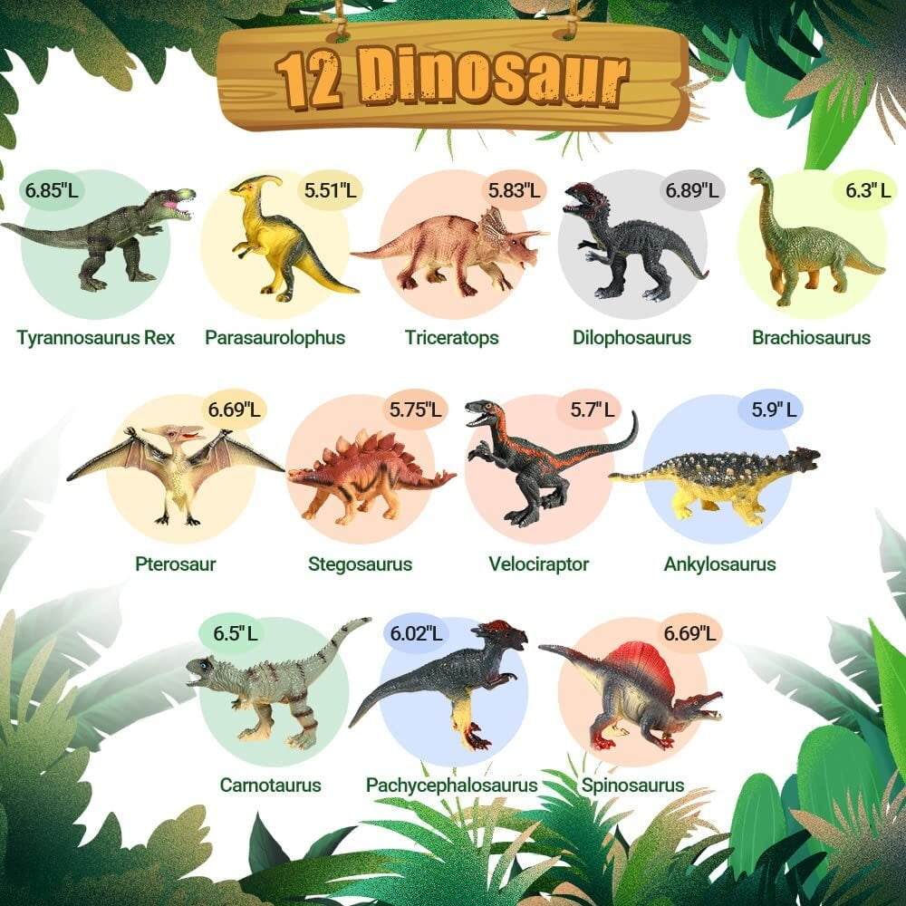 VKZON 12pcs Jumbo Realistic Dinosaur Toy PVC Model Action Figure Set With Dino Book ,Educational Learning Toy Collector Figure Gift For Kids
