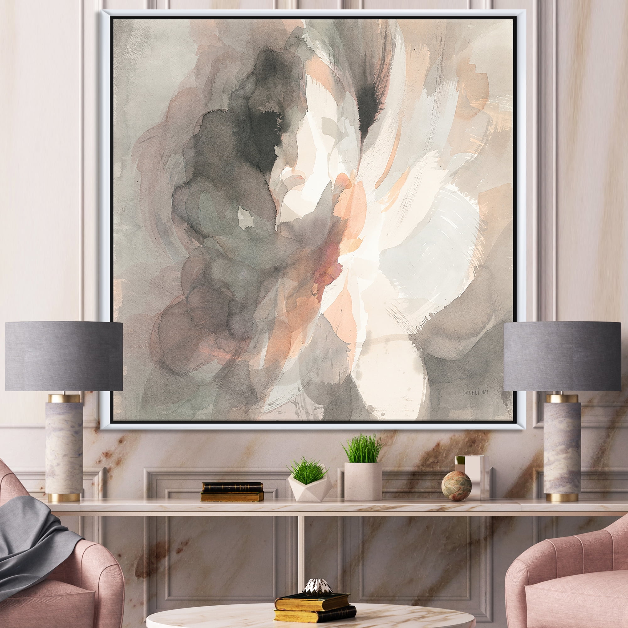 Designart ' Abstract Peony Grey ' Pink Modern Framed Canvas