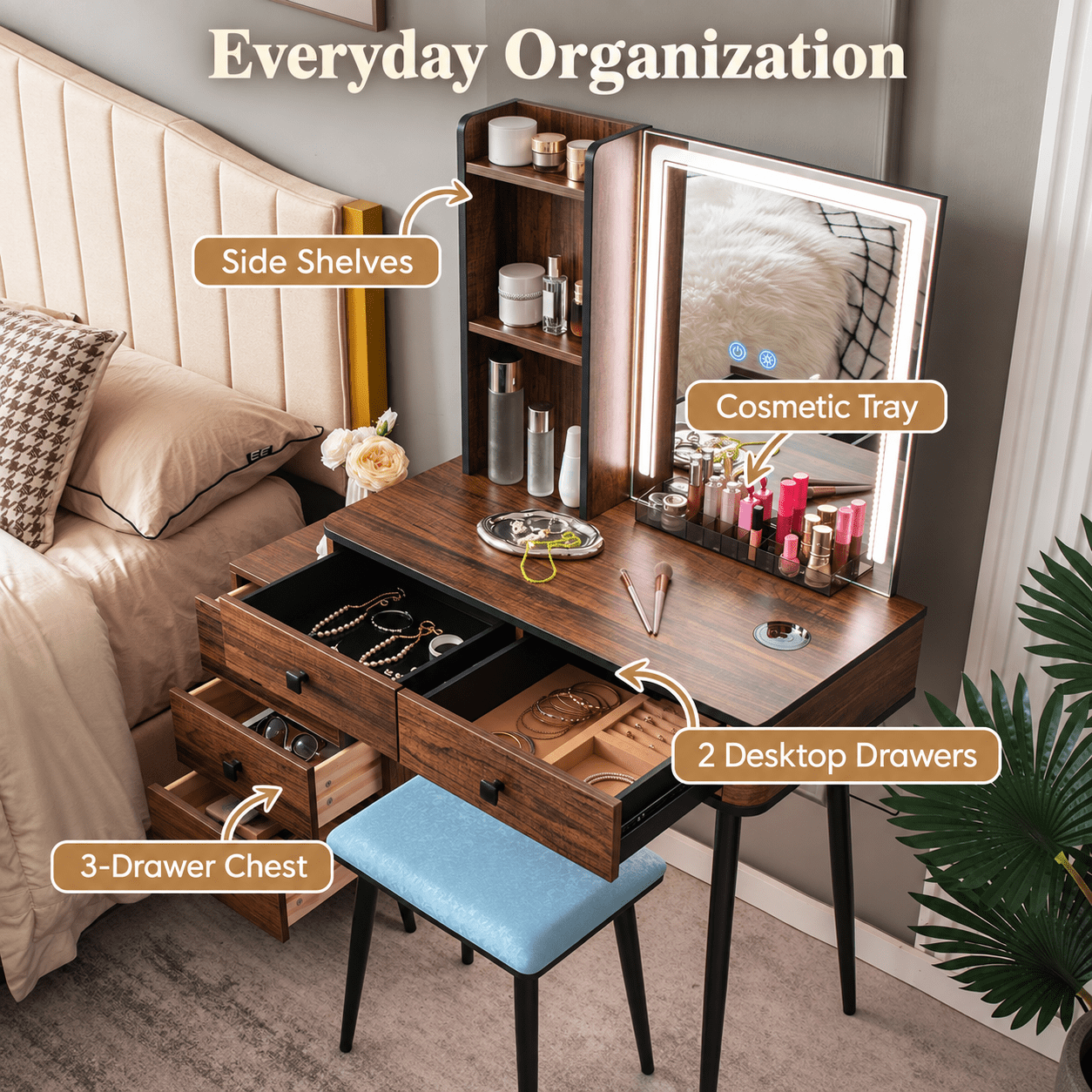 Furnibear Vanity Makeup Table Set with Lighted Mirror and Cushioned Stool, Vanity Desk with 3-Drawer Chest and Wireless Charging for Bedroom, Brown
