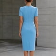 thumbnail image 2 of Morttic Women's Puff Sleeve Ruched Bodycon Midi Dress – Round Neck Office Work Sheath Solid Color Waist-Accented Slim Fit Dress Lake Blue，L, 2 of 3