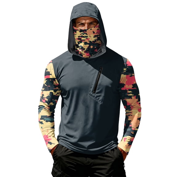 Men's UPF 50 Sun Hoodie Long Sleeve Hooded Fishing Shirt Digital Camo Sleeve Pullover Cooling Ice Silk Breathable Quick-Dry Moisture Wicking 4-Way Stretch for Commute Fishing Hiking Dark Gray S