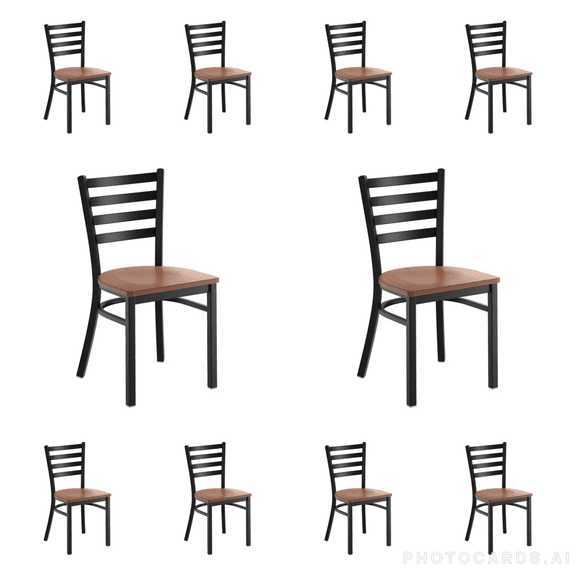 (10 PACK) Black Ladder Back Metal Restaurant Chair with Vintage Walnut Wood Seat - Commercial Quality Metal Restaurant Chair