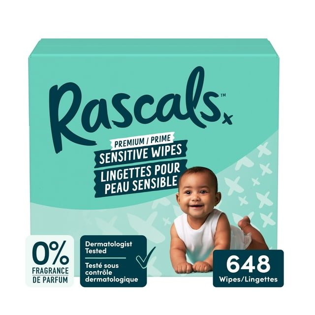 Rascals Premium Sensitive Alcohol Free Baby Wipes, Carton, 648 Count, for Sensitive Skin
