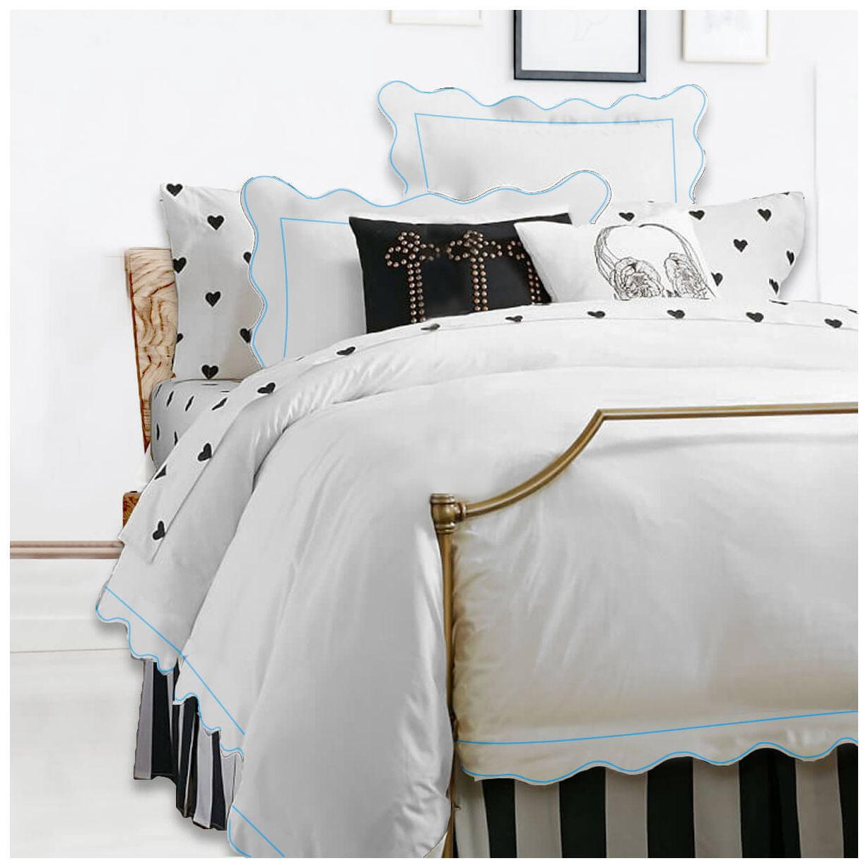 400TC Cotton Scallop Embroidery & Border Sateen Solid Duvet Cover set Full/Queen 88"x88" 1 Duvet cover and 20"×30" 2 Pillow sham, Light Blue Scallop and Border