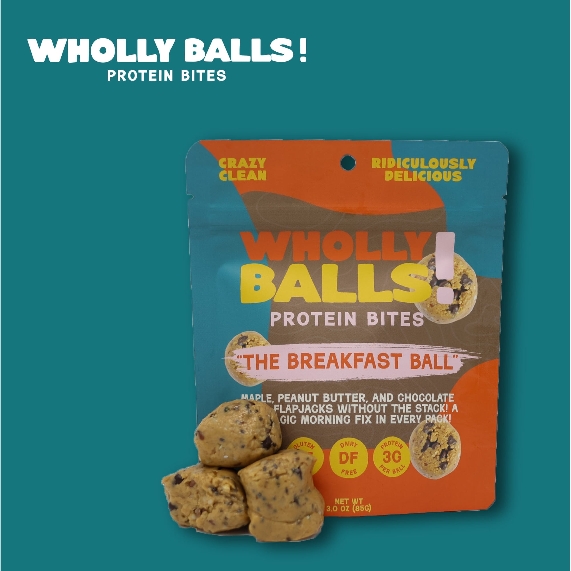 Wholly Balls Protein Bites - Healthy Plant-Based Snack | High Protein, Low Sugar, Gluten-Free Energy Balls (Pack of 12, Breakfast Ball)