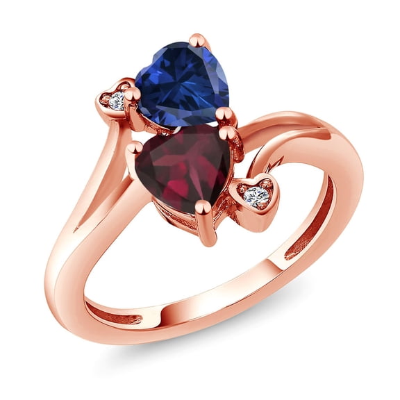 Gem Stone King 18K Rose Gold Plated Silver Blue Created Sapphire Red Rhodolite Garnet and White Moissanite Ring for Women (1.55 Cttw, Heart Shape 6MM, Gemstone September Birthstone, Size 6)