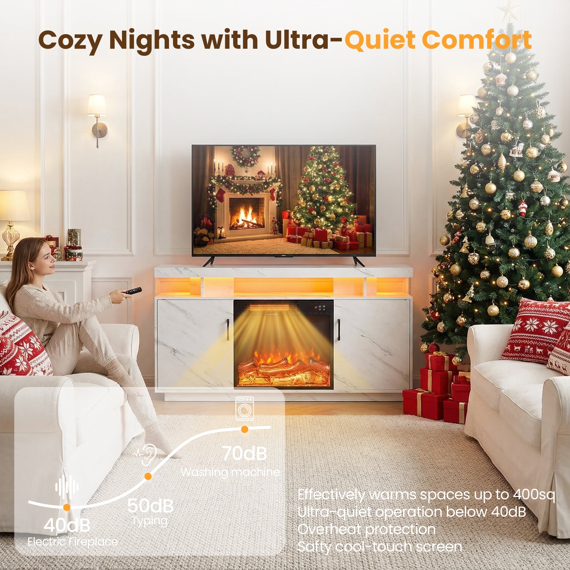Manxile Fireplace TV Stand with 22.5" Electric Fireplace Up to 70" TVs, Modern Wood Media TV Console with Cabinet, White