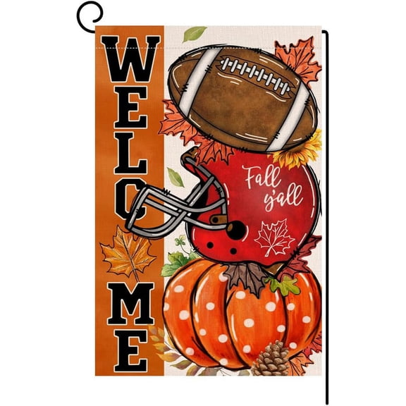 Welcome Fall Football Pumpkin All Autumn Garden Flag 12 x 18 Inch Double Sided Burlap Outdoor Decor