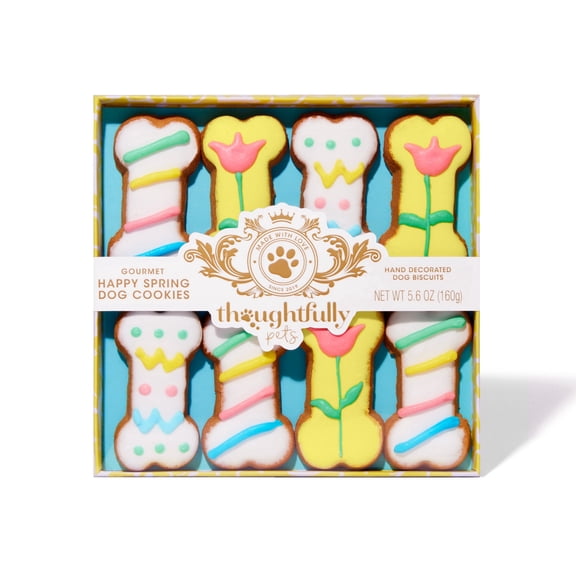 Thoughtfully Gourmet Dog Treats Cookies Gift Set, Peanut Butter Flavored Crunchy Biscuits in Bone Shape with Easter Spring Designs, Set of 8
