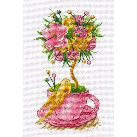 UPC: 4680021530463 | Counted Cross Stitch Kit Topiary 1162 Needlework By Oven Pink Flowers Bird Canvas Cotton Easy Small Yellow Needle