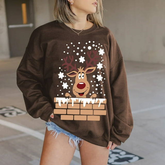 Puntoco Moda Mujer Manga Larga Cuello Redondo Estampado Navideño Tops Sueltos Blusa Sudaderas Puntoco Puntoco-3488
