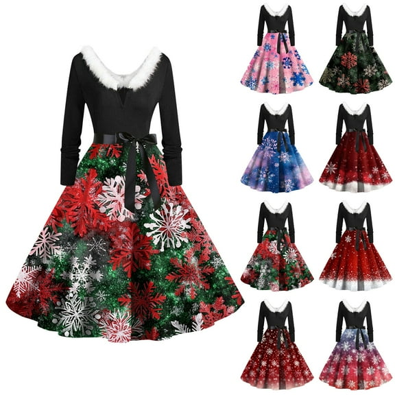 Christmas Dresses for Women Women's Casual And Fashionable Long Sleeved V-neck Print Matching Zipper Dress with Fur and Christmas Tree for Holiday Party,Army Green,L