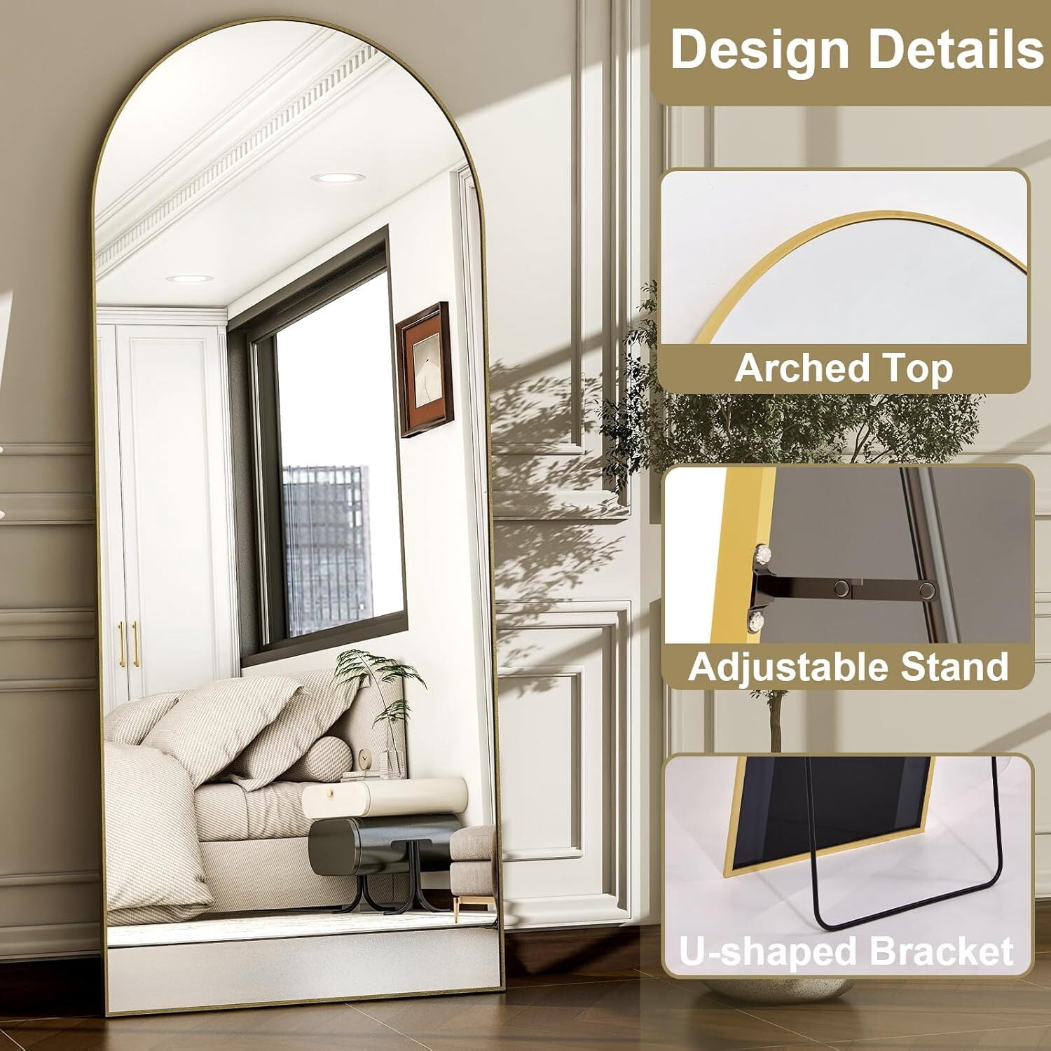 Lumora 38"x77" Arched Full Length Mirror with Stand Floor Mirror, Gold