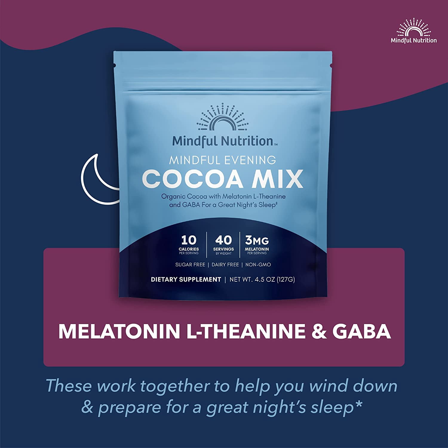 Mindful Nutrition Evening Cocoa Mix with Melatonin, L-Theanine and GABA, Sugar Free, 4.5 oz