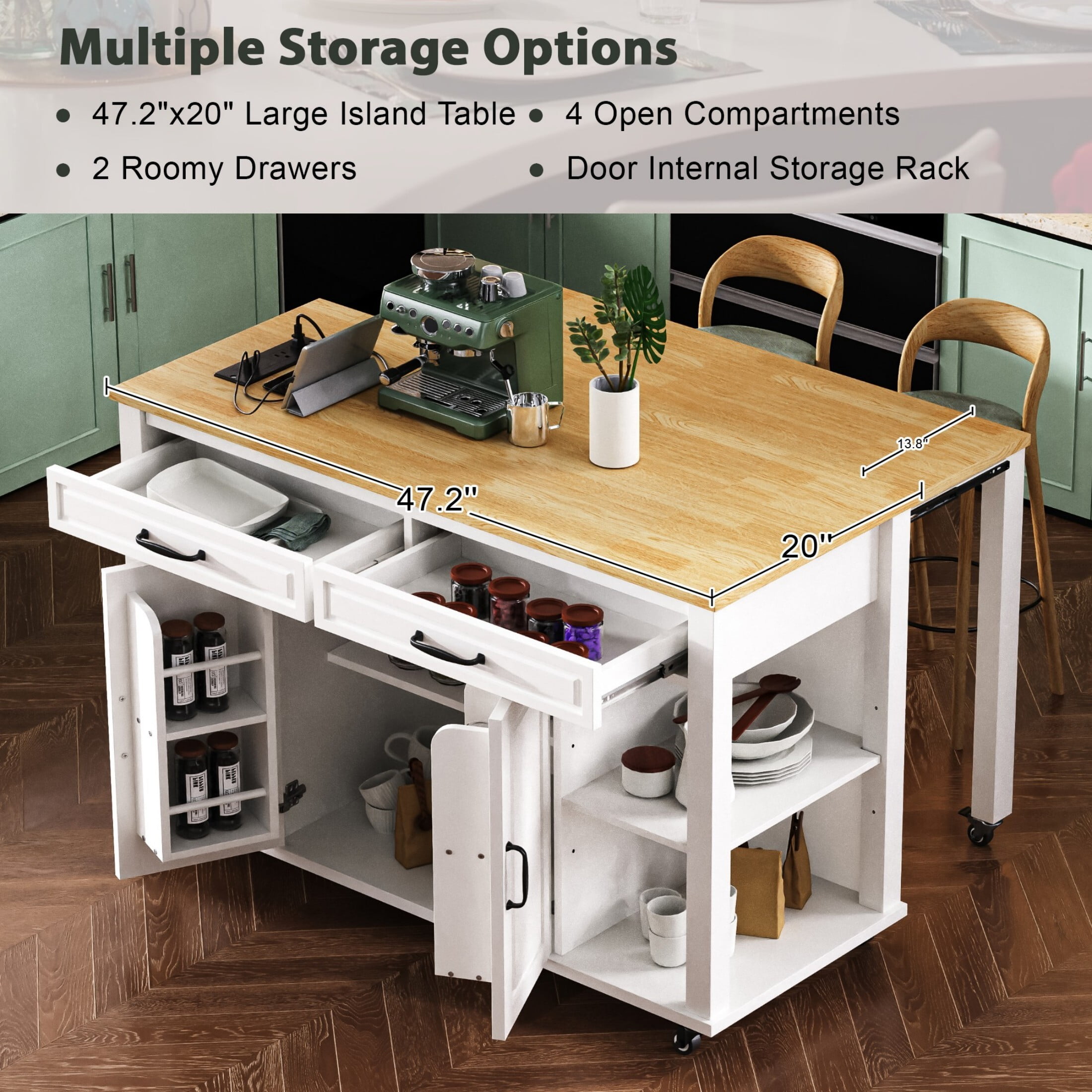 DEALTOPS 47.2'' Kitchen Island Cart with Extendable Table and Open Spaces, Kitchen Storage Cart with Adjustable Shelves, White