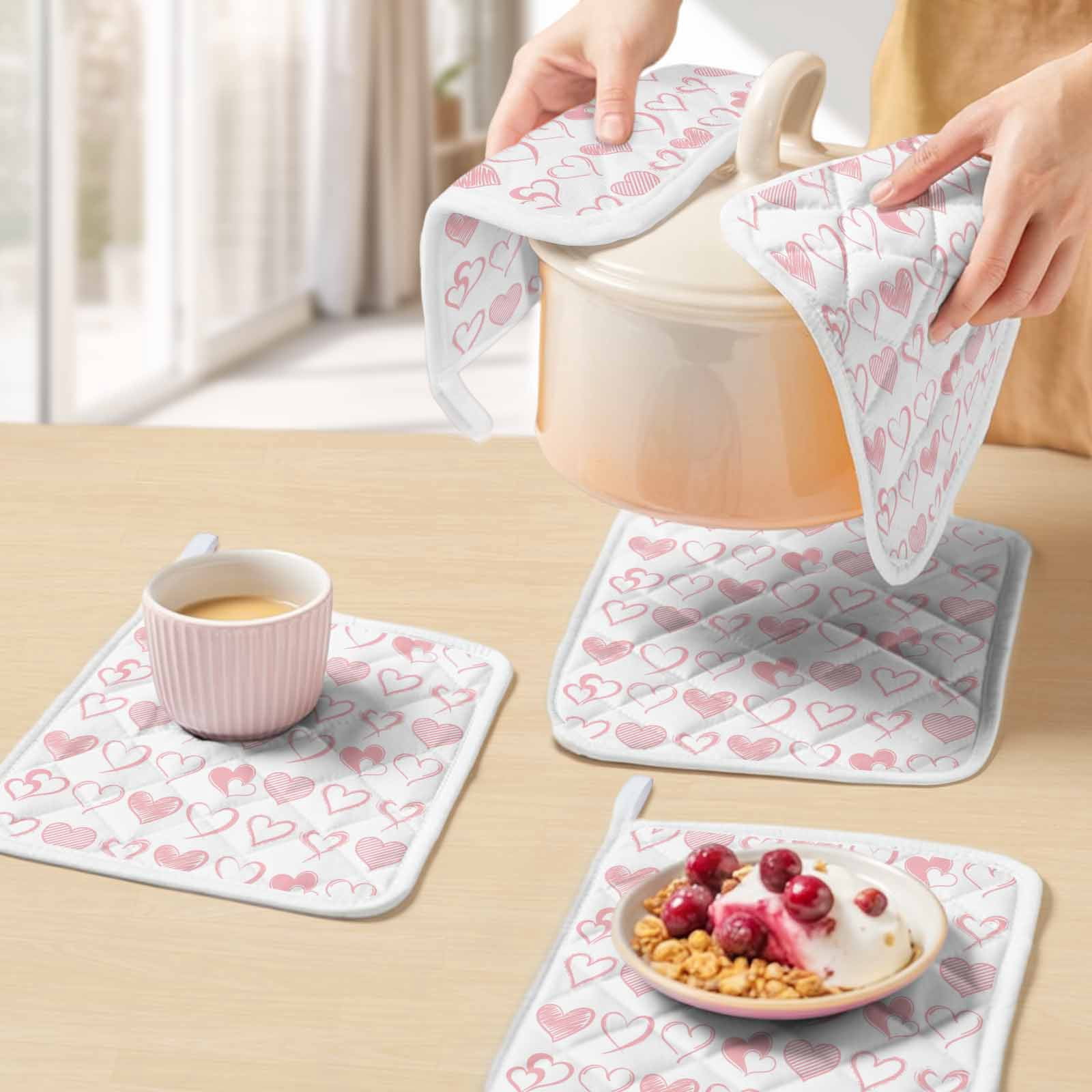 Valentine's Day Pot Holders for Kitchen Heatproof Potholder, 3 Pack Valentines Pink Love Heart Romantic Hot Pads Multipurpose Oven Pads Cloth Potholders Trivet for Cooking Baking