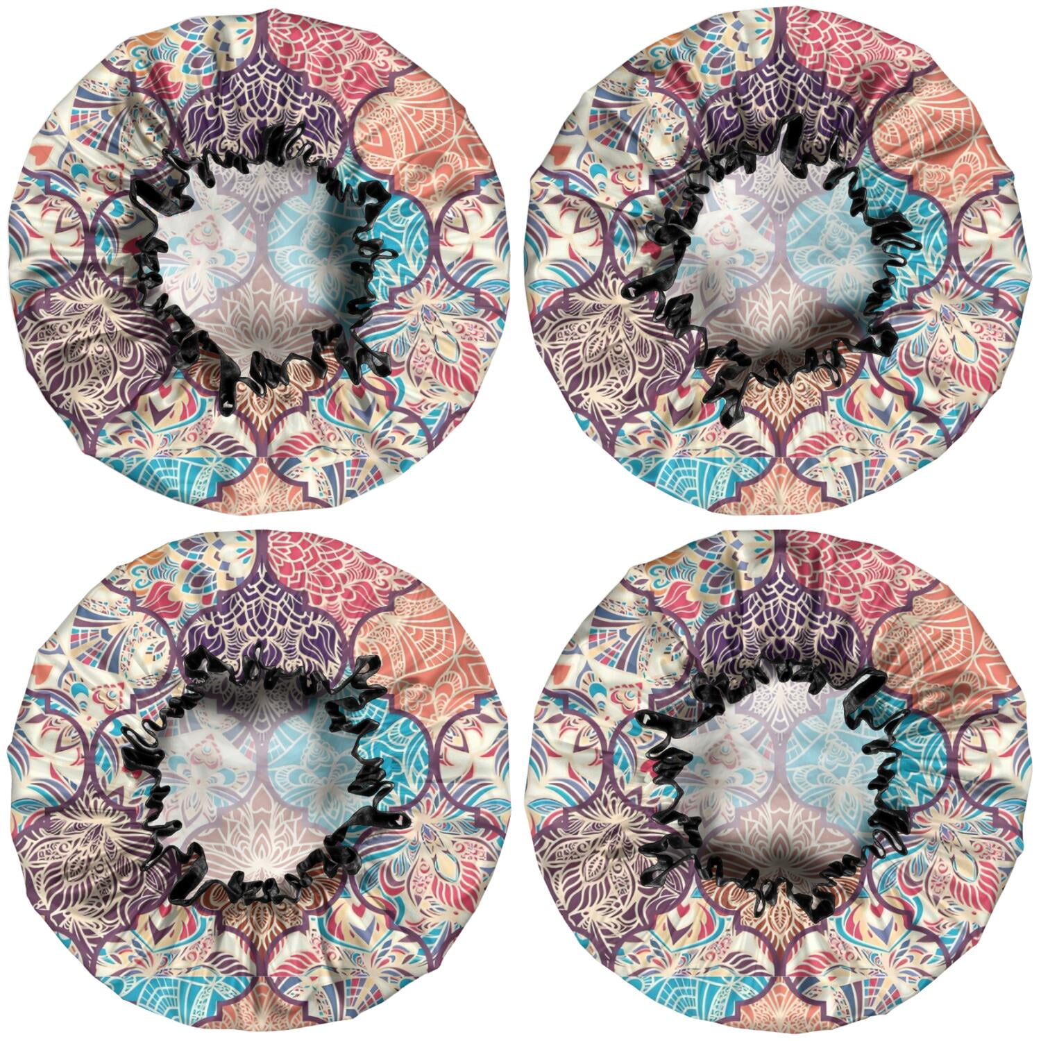 Shower Caps,Multicolor Ethnic Geometric Pattern Waterproof Shower Cap for Women 4 Pieces,Double Reusable Hair Cover for Shower PEVA Elastic Stretch Hem