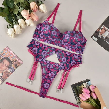Generic Hot Sexy Lingerie Low Cut Underclothes Bra Sexy Contrast Color Temptation Embroidery 4-Piece Set