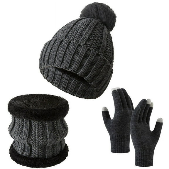 ZQUUVOU Winter Beanie Hat Scarf Gloves Set for Men Women Knitted Warm Gloves Pom Beanie Hats Scarves 3 in 1 Set with Thick Velvet Hat Dark Gray