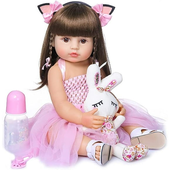Muñeca Reborn de 22 Pulgadas, Cuerpo de Silicona FL, muñecas de baño Bonitas realistas, muñeca de Regalo para bebé con Diadema de Orejas de Gato y Vestido Rosa