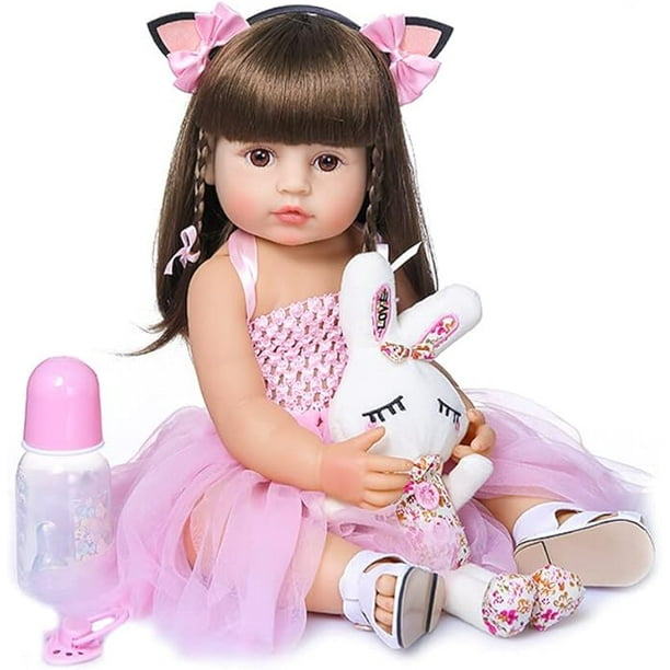 Muneca Reborn de 22 Pulgadas Cuerpo de Silicona FL munecas de bano Bonitas realistas muneca de Regalo para bebe con Diadema de Orejas de Gato y Vestido Rosa Walmart en linea