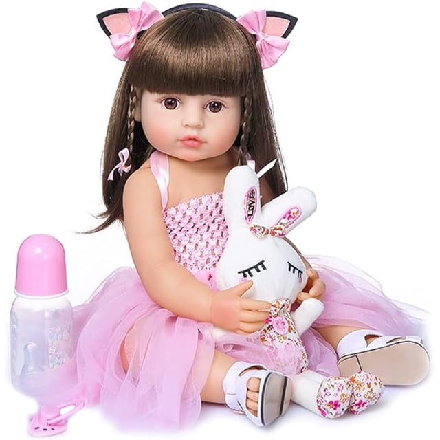 Muñeca Reborn de 22 Pulgadas, Cuerpo de Silicona FL, muñecas de baño Bonitas realistas, muñeca de Regalo para bebé con Diadema de Orejas de Gato y Vestido Rosa