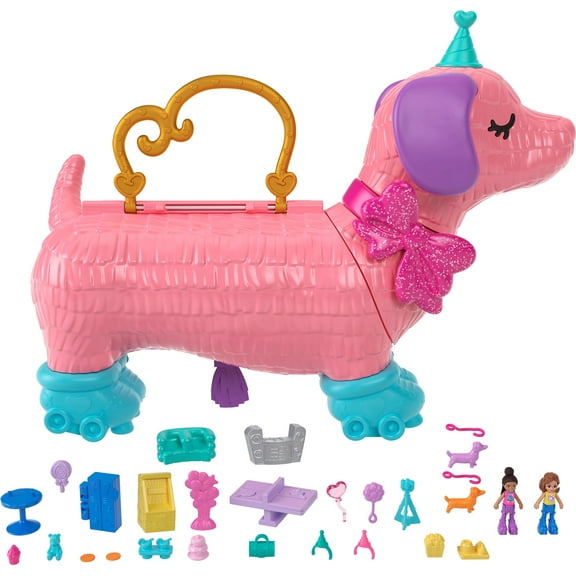 Polly Pocket 2-in-1 Puppy Party Playset, Animal Toy with 2 Dolls & Birthday Accessories, Large Compact
