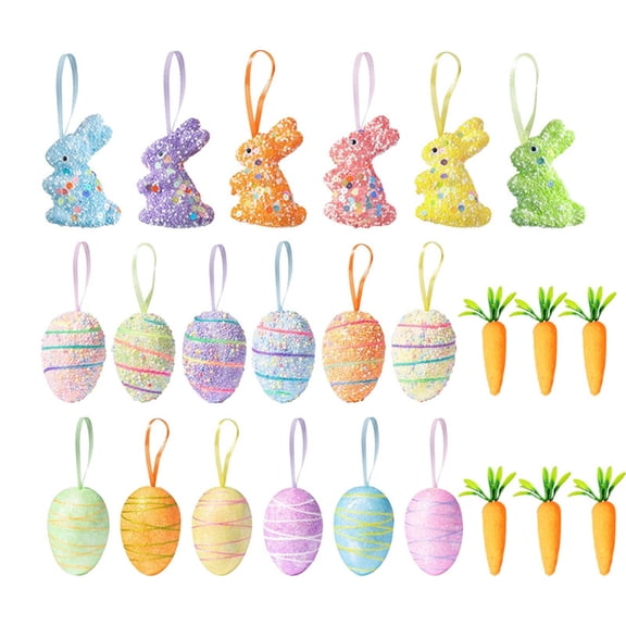 24Pcs Easter Egg Ornaments and Carrot Hanging Ornaments Colorful Plastic Easter Hanging Rabbit Ornament Artificial Carrots Easter Tree Decor Home Party DIY Crafts