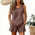 thumbnail image 2 of NMMUED Womens 2 Piece Summer Linen Outfits Short Sets Round Neck Sleeveless Tank Top Elastic High Waisted Shorts with Pockets Two Piece Linen Sets for Women Coffee M, 2 of 8