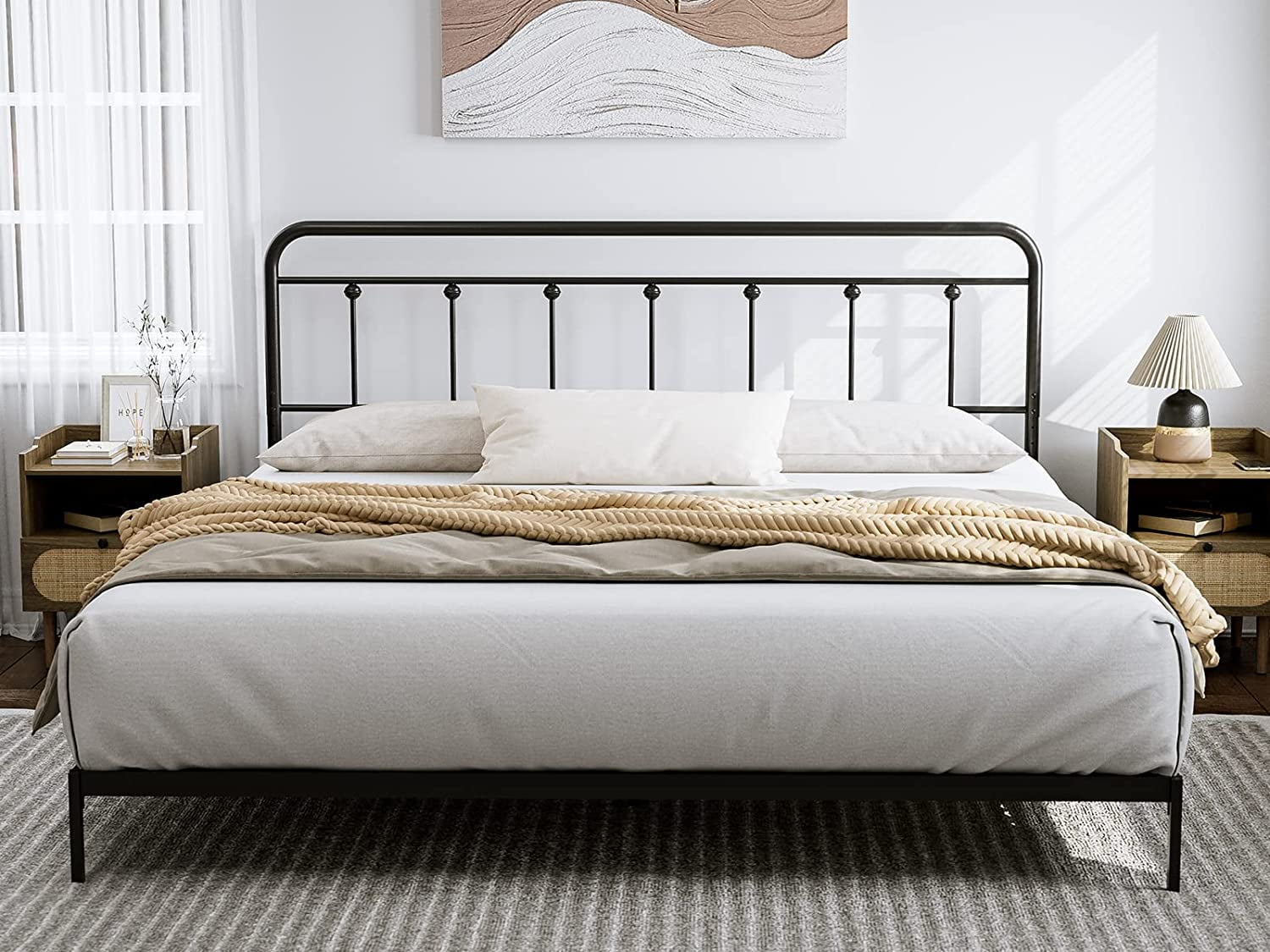 IKIFLY Metal California King Size Headboard, Adjustable Height, Farmhouse Victorian Style, Easy Assembly, Cal King Steel Headboard Only for Bedroom, Black