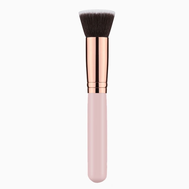 Brocha de maquillaje de lujo rosa con parte superior plana, herramienta de belleza para contorno, crema líquida, polvos, base de maquillaje