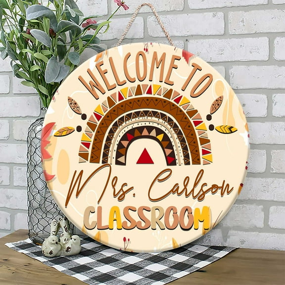 Flagwix Personalized Back To School Sign, Custom Round Wooden Teacher Name Sign, Classroom Decor, Unique Teacher Gifts, Rustic Boho Rainbow Door Sign - 14 inches