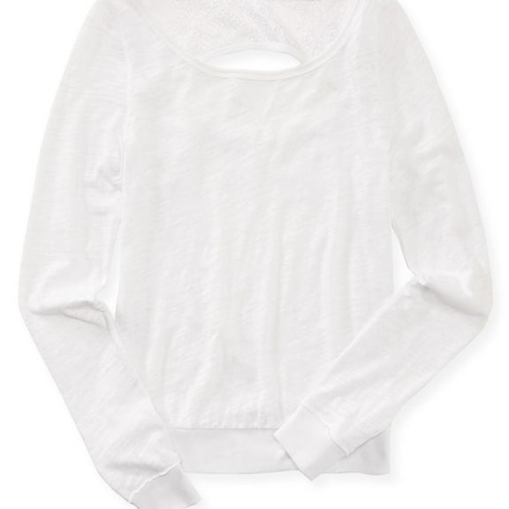Aeropostale Womens Ls Crochet Back Basic T-Shirt, White, Juniors, Large