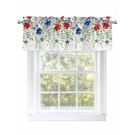Red Blue Flower Leaf Star Valances for Windows Rod Pocket Kitchen Valance Curtains - Soft & Washable Small Window Treatment for Living Room Bathroom Independence Day 42x12 Inch 1 Panel