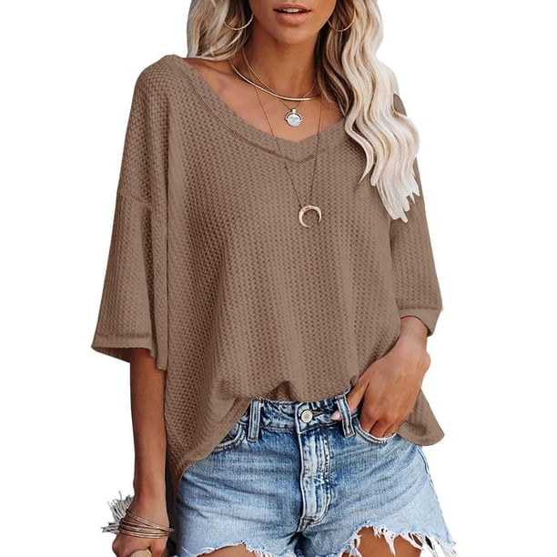ICHUANYI Clearance Fashion Women Summer Casual Loose Short Sleeve Pullove Solid Blouse T-Shirt(Khaki, XXL) Ichaunyi WER2023081012624