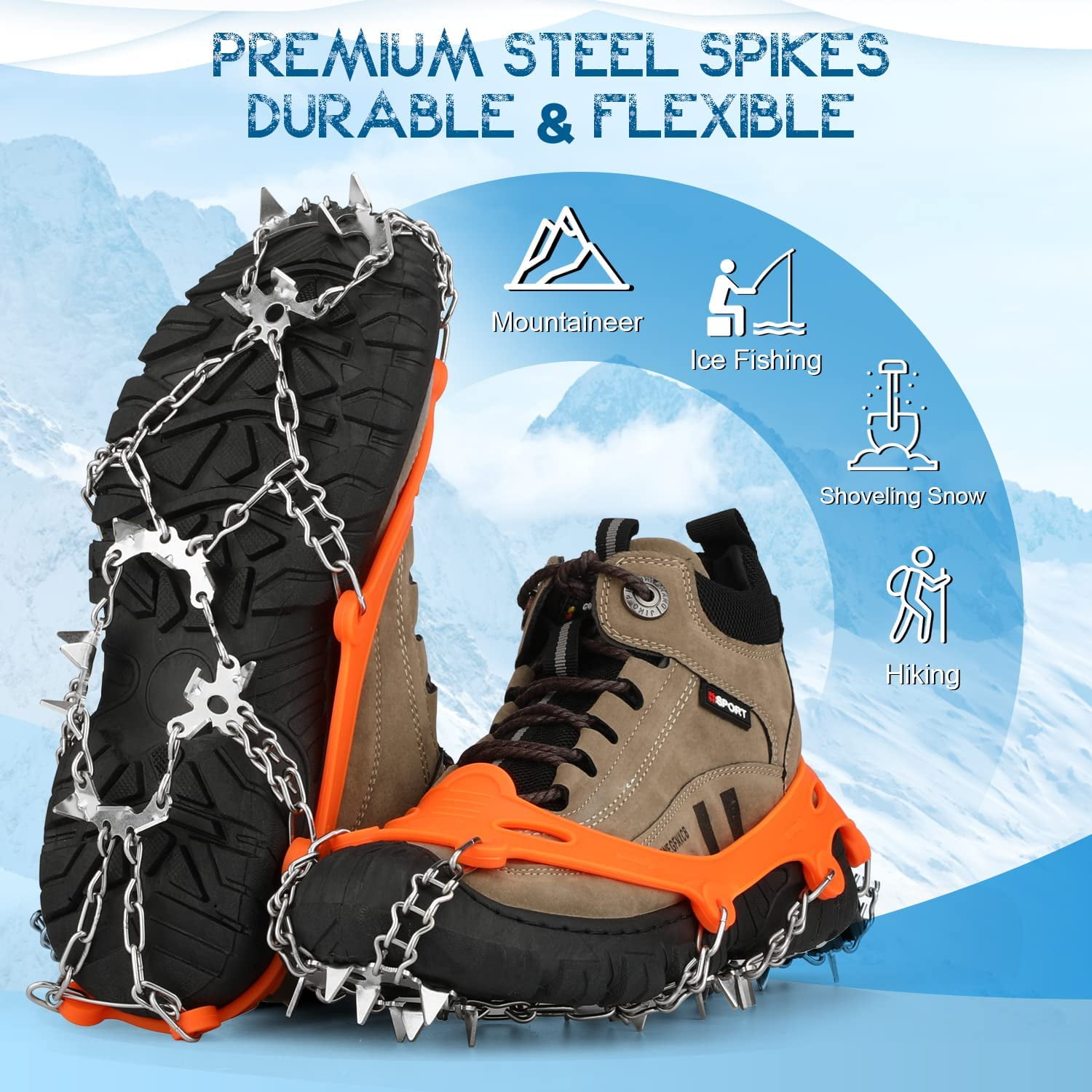 Crampons, 19 Spikes Ice Cleats Traction Snow Grips for Hiking Boots, Shoes  Women Men Kids, Safe Protect for Hiking Fishing Climbing Mountaineering 