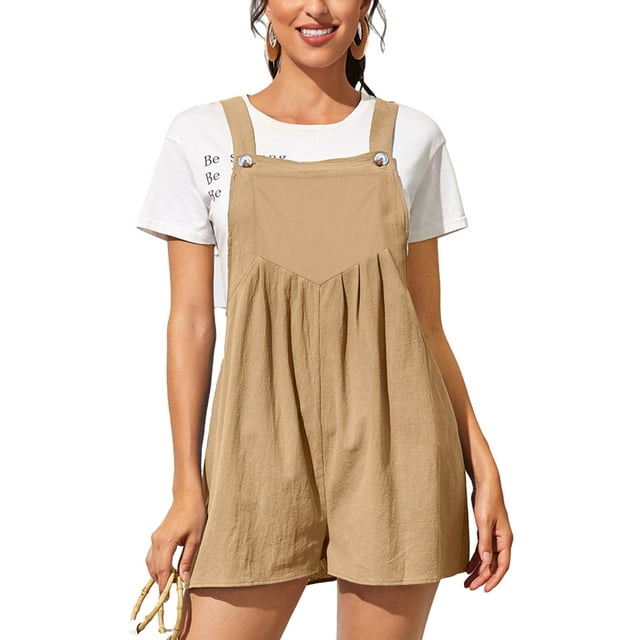 Sexy Dance Ladies Romper Suspender Jumpsuits Adjustable Strap Bib Overalls Comfy Trousers Button Light Brown S