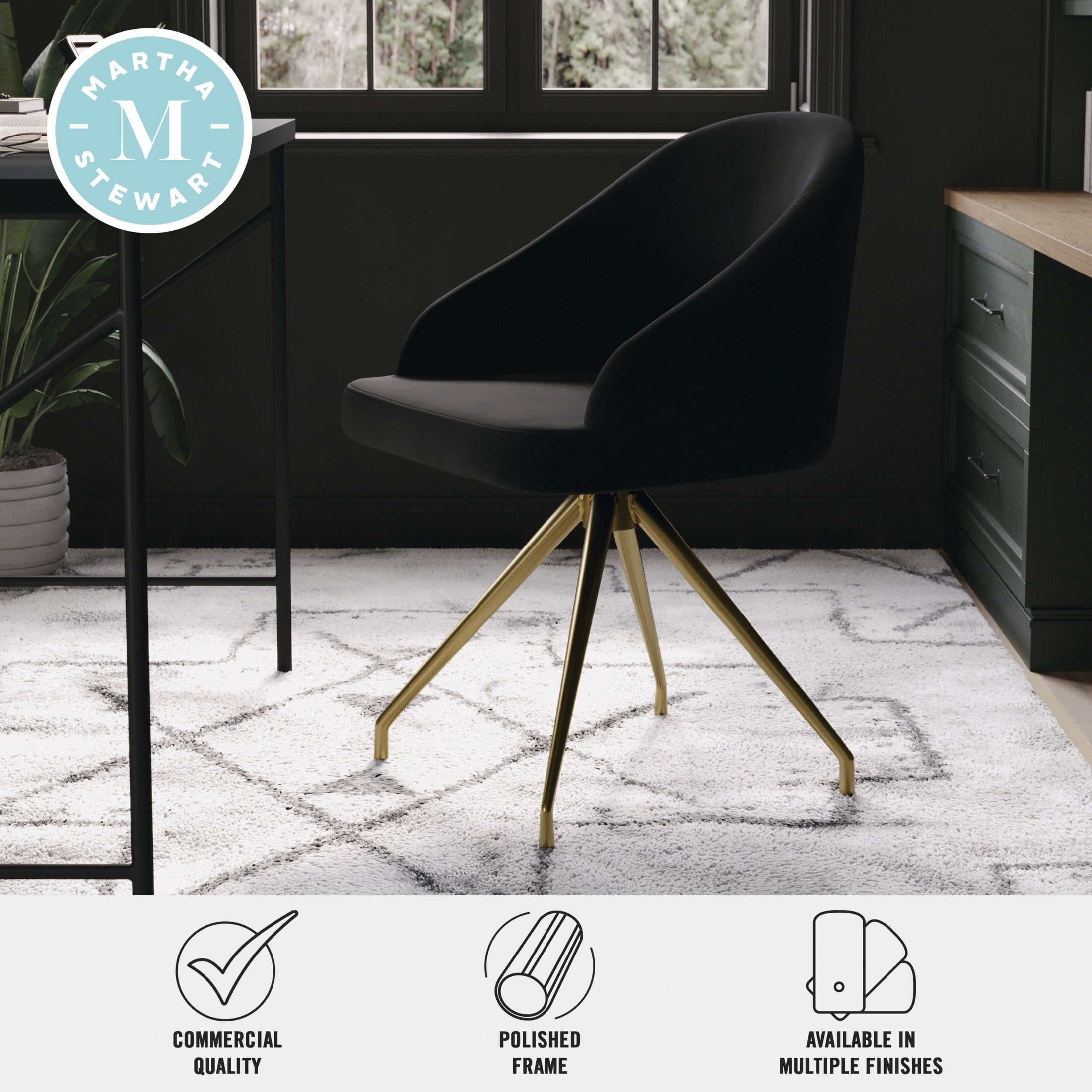 Martha Stewart Sora Upholstered Stationary Office Chair in Black/Polished Brass
