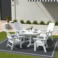 thumbnail image 2 of WestinTrends Ashore 5 Pieces Adirondack Outdoor Dining Set, All Weather Poly Lumber Slatted Modern Farmhouse Patio Furniture Set, 47" Trestle Round Table and 4 Adirondack Dining Chair, White, 2 of 8