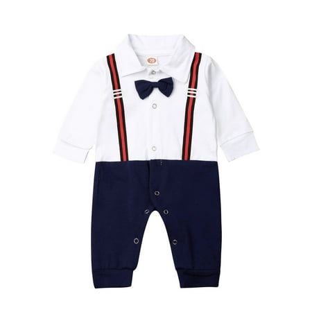 

Carolilly Baby Boys Gentlemen Romper Long Sleeve Bow Romper Bottom Snap Buttons Jumpsuit