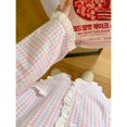 thumbnail image 4 of Pijama de mujer de primavera y otoño de manga larga a cuadros con encaje para el hogar, cárdigan, traje de talla grande, 4 of 6